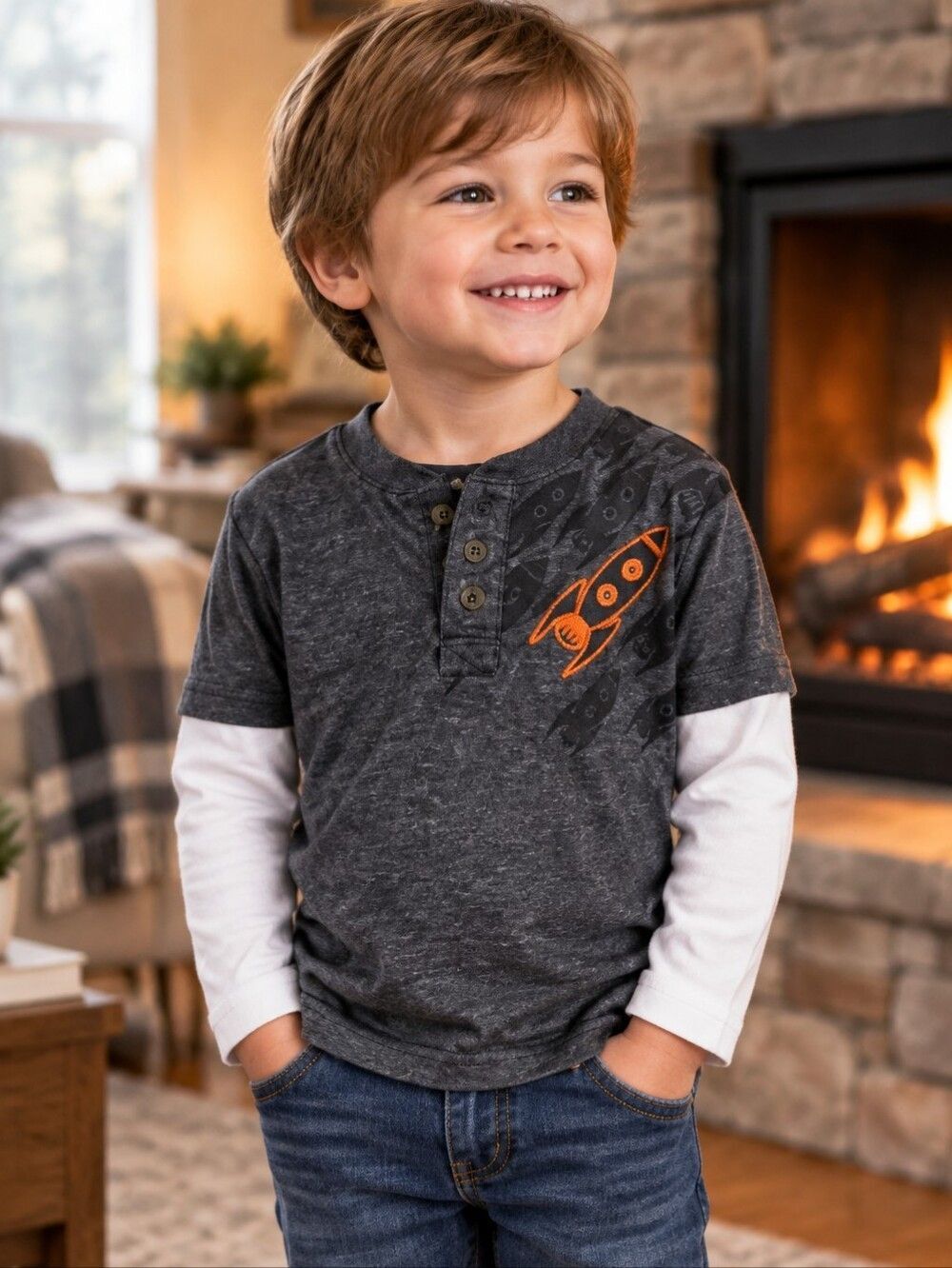 Toddler Boy 3T Long Sleeve Layered T-Shirt Casual Rocket Graphic Print Tee